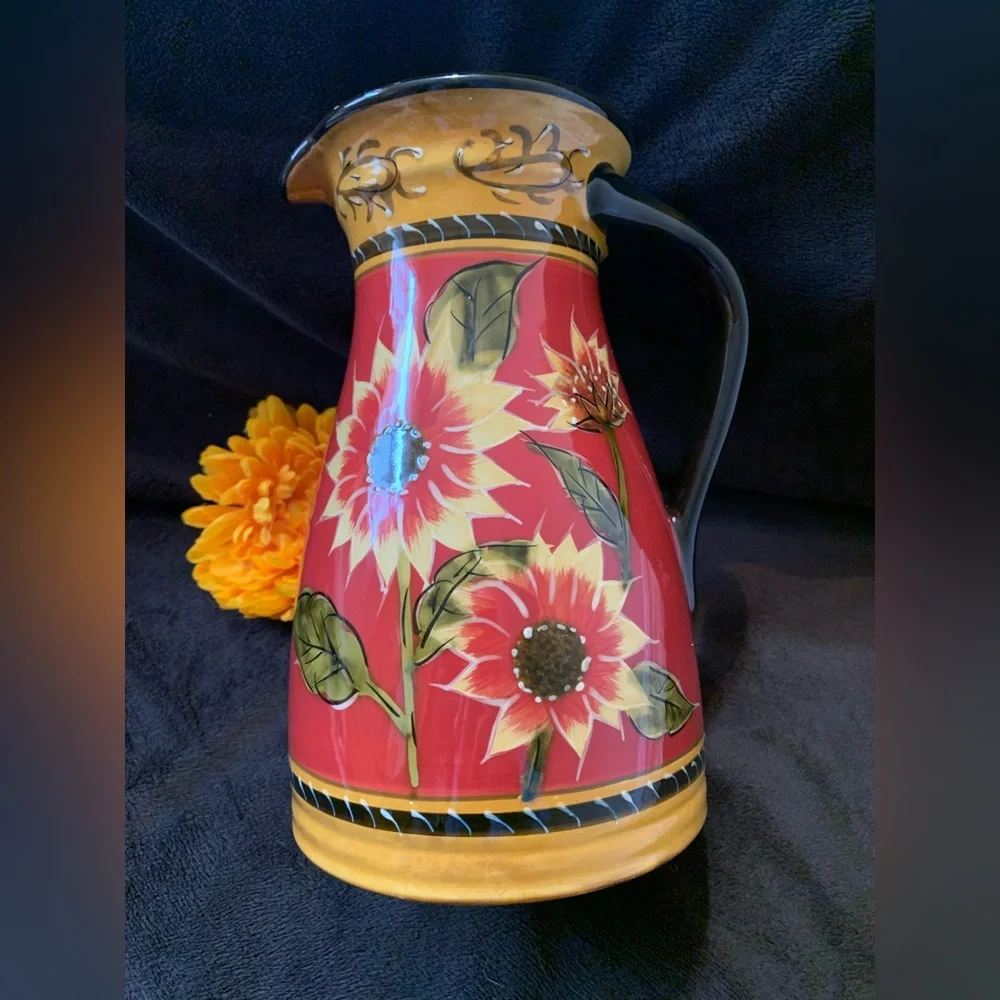 PIER 1 Discontinued terra cotta hand painted Sunflower pitcher VVGUC+++